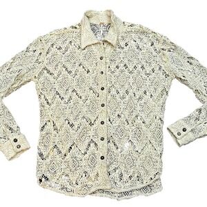FLAW Free People Cream Crochet Lace Button Down Shirt Boho Cottage Size Medium